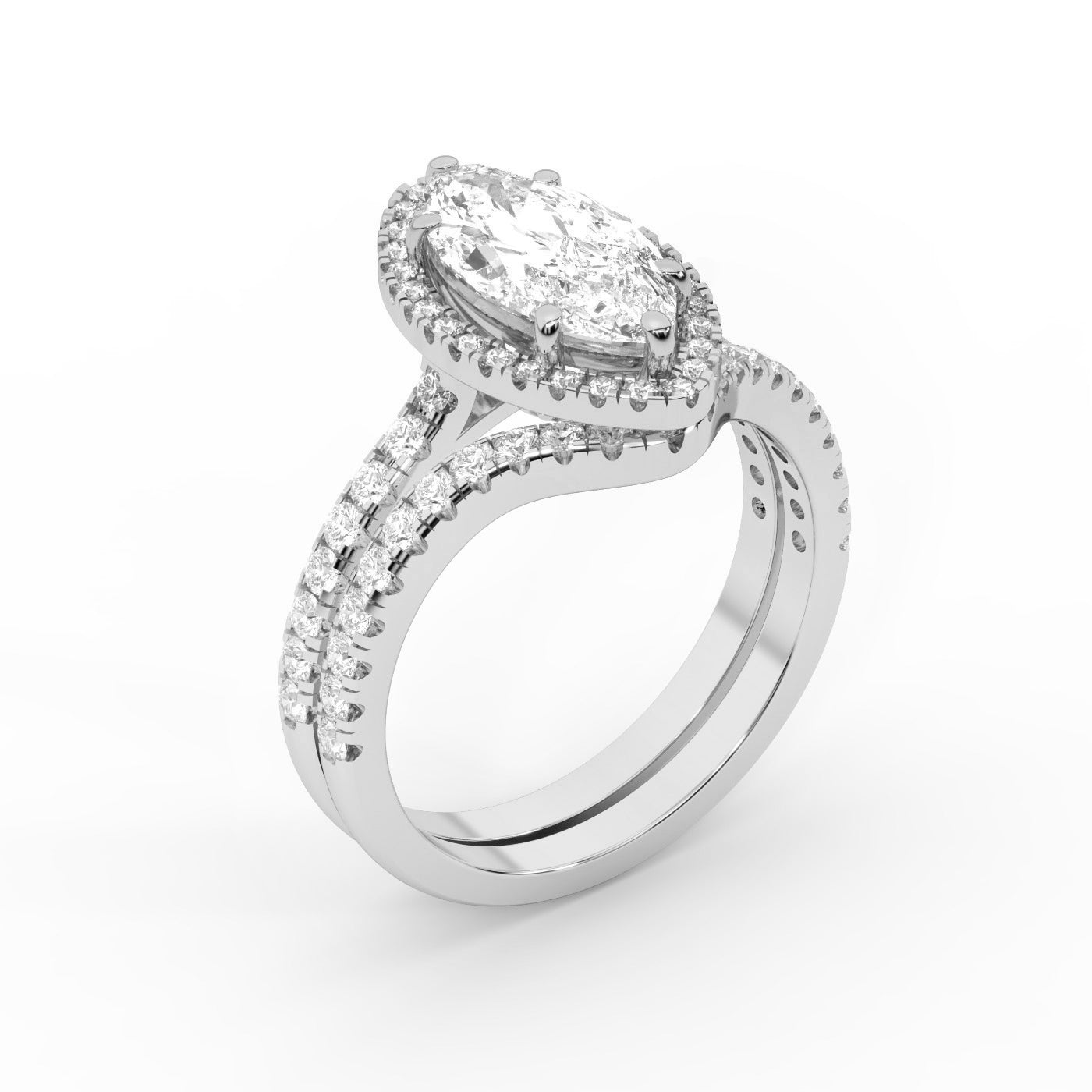 Marquise Cut Lab Grown Diamond Halo Engagement Ring with Split Shank in White Gold