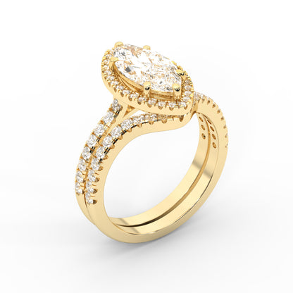 Marquise Cut Lab Grown Diamond Halo Engagement Ring with Split Shank in Yellow Gold