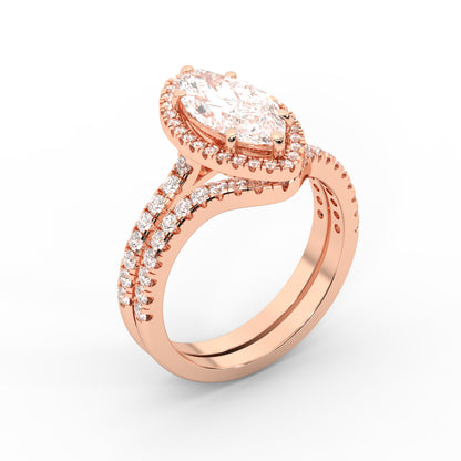 Marquise Cut Lab Grown Diamond Halo Engagement Ring with Split Shank in Rose Gold