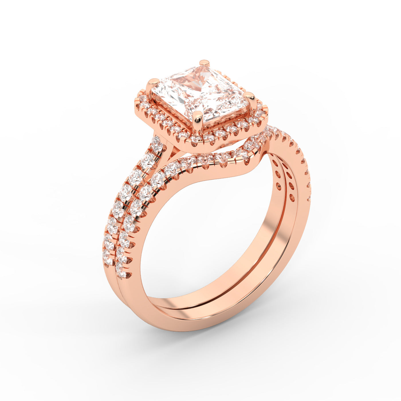 Radiant Cut Lab Grown Diamond Halo Engagement Ring in Rose Gold as shown in reference images.