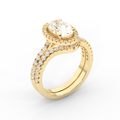 Oval Cut Lab Grown Diamond Halo Engagement Ring with Split Shank in Yellow Gold