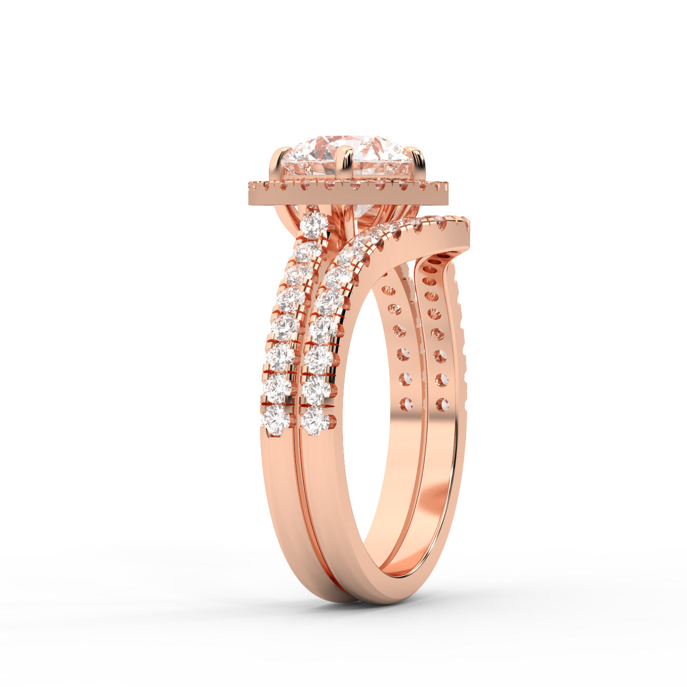 Round Cut Lab Grown Diamond Halo Engagement Ring in Rose Gold side profile view