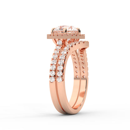 Round Cut Lab Grown Diamond Halo Engagement Ring in Rose Gold side profile view