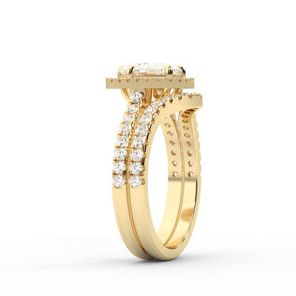 Cushion Cut Lab Grown Diamond Halo Engagement Ring in Yellow Gold with Pave Split Shank