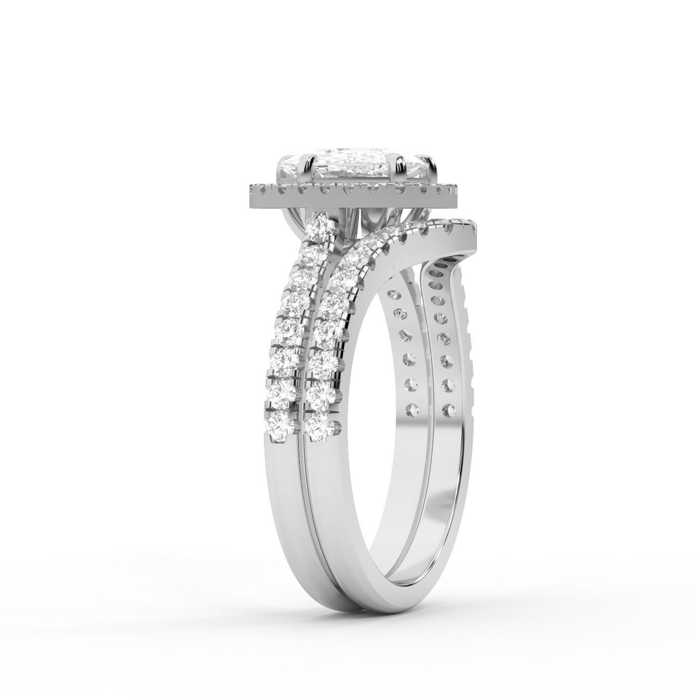 Cushion Cut Lab Grown Diamond Halo Engagement Ring in Platinum with Pave Split Shank