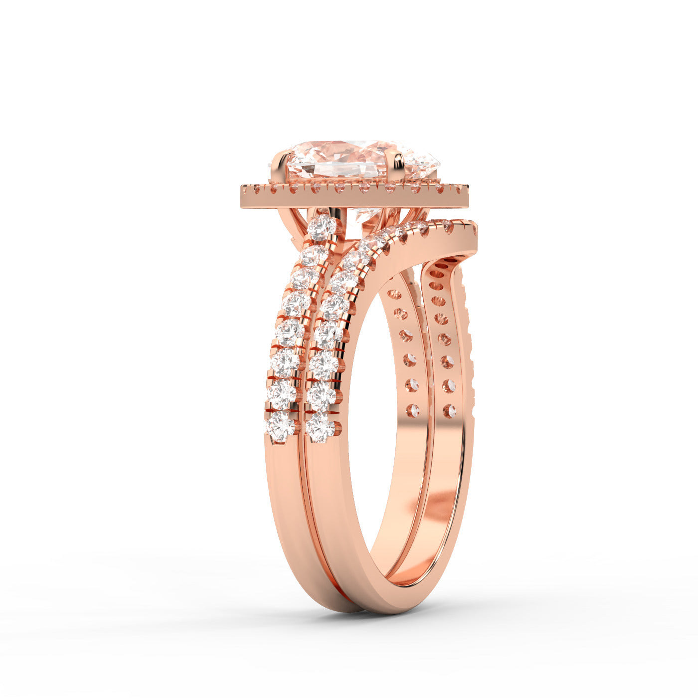 Oval Cut Lab Grown Diamond Halo Engagement Ring with Split Shank in Rose Gold