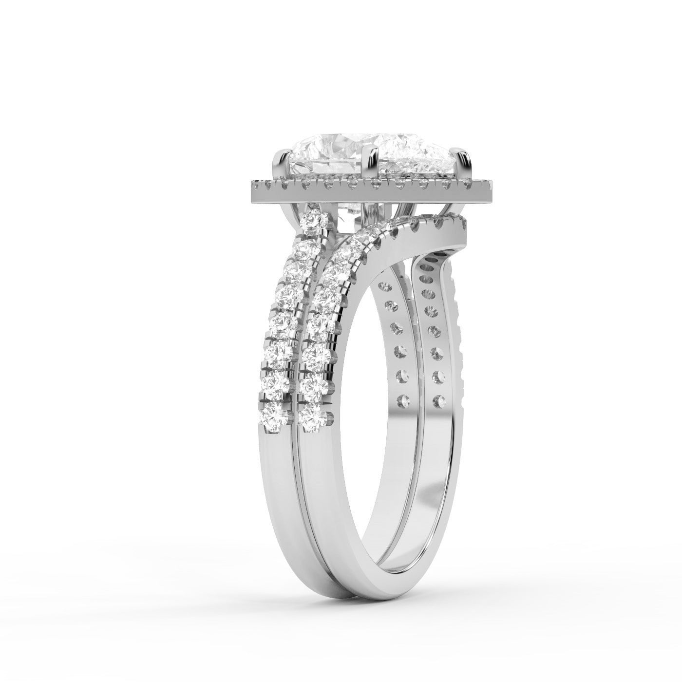 Pear Cut Lab Grown Diamond Halo Engagement Ring in Silver with Split Shank