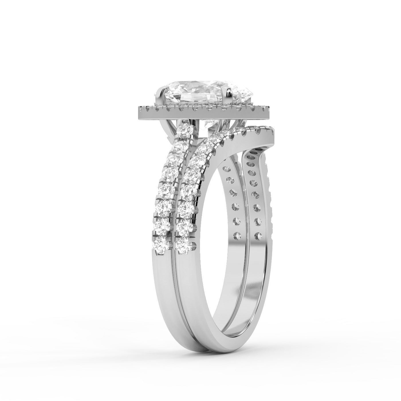 Oval Cut Lab Grown Diamond Halo Engagement Ring with Split Shank in Silver