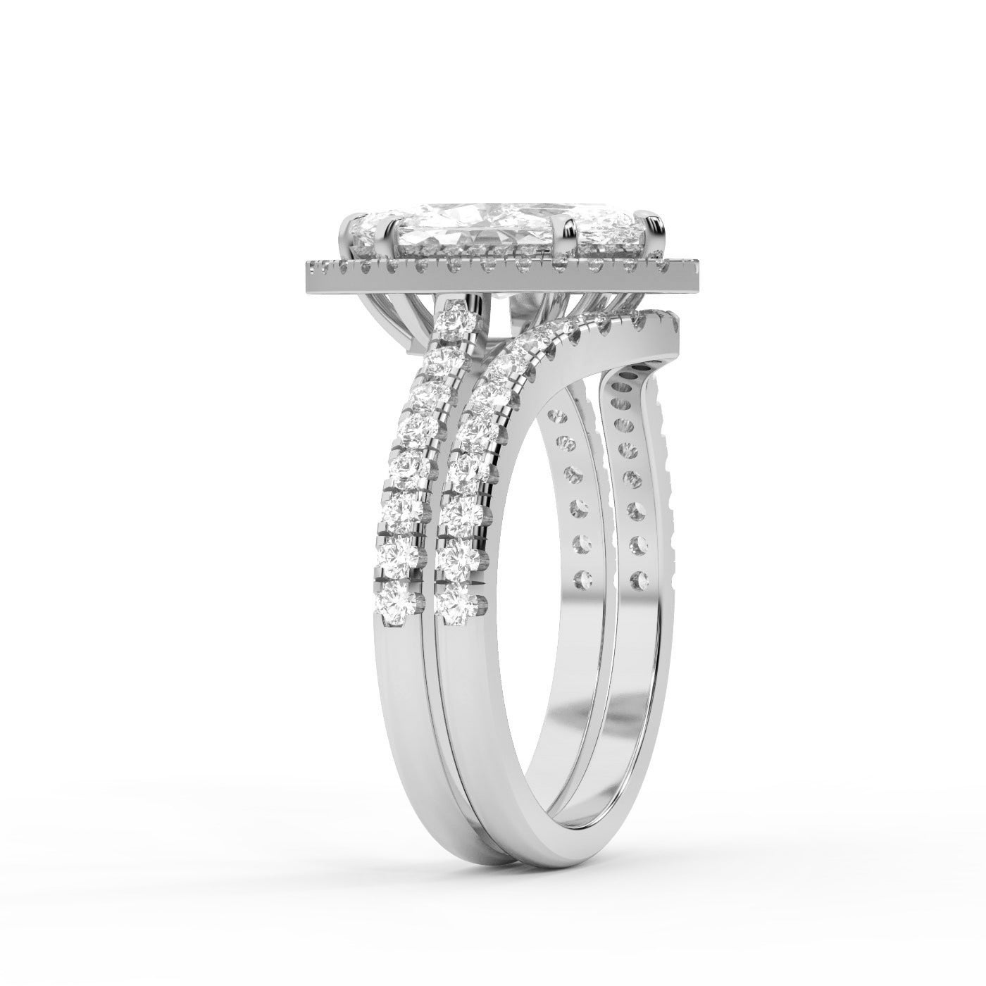 Marquise Cut Lab Grown Diamond Halo Engagement Ring with Split Shank in Silver