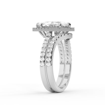 Marquise Cut Lab Grown Diamond Halo Engagement Ring with Split Shank in Silver