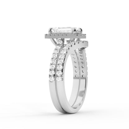 Emerald Cut Lab Grown Diamond Halo Engagement Ring in White Gold with Split Shank