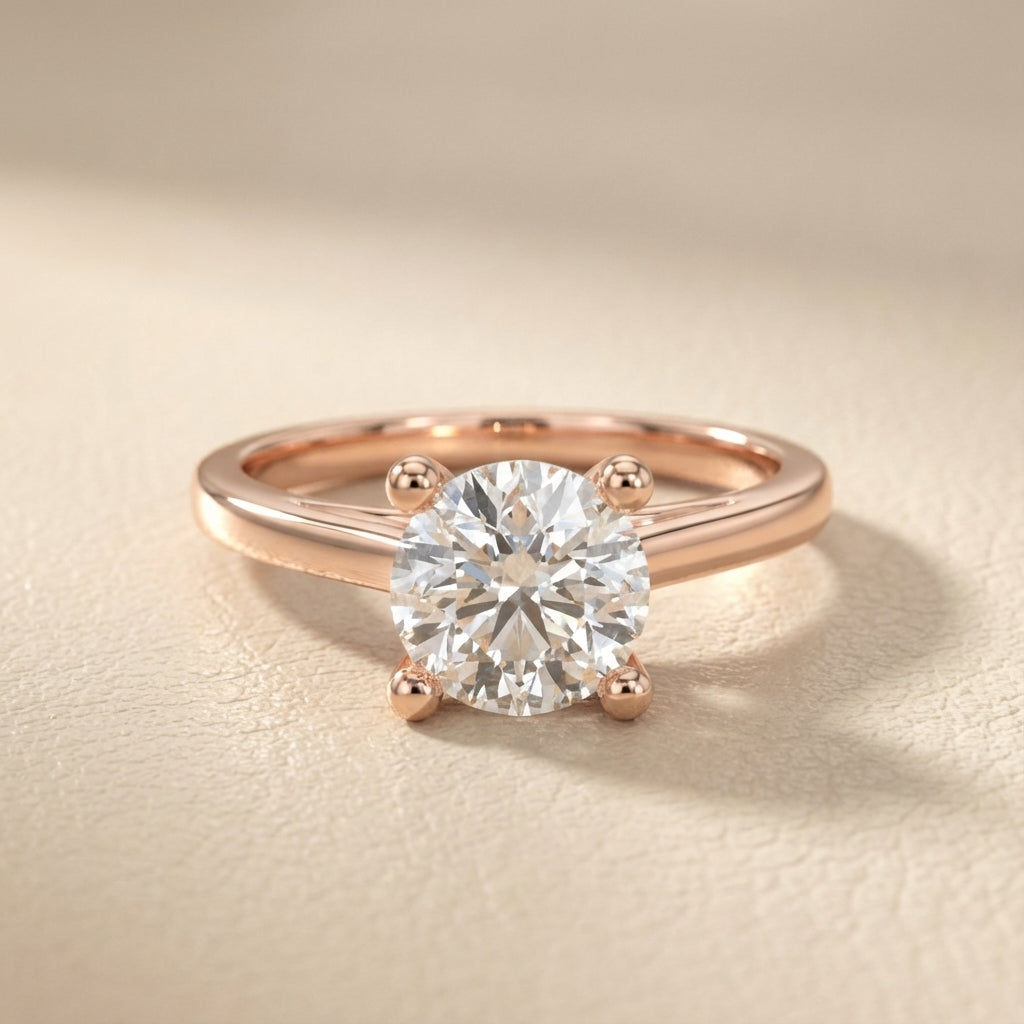 Round Cut Lab Grown Diamond Engagement Ring in Rose Gold showing side profile with hidden detail