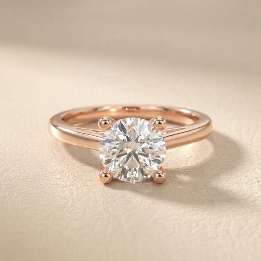 Round Cut Lab Grown Diamond Engagement Ring in Rose Gold showing side profile with hidden detail