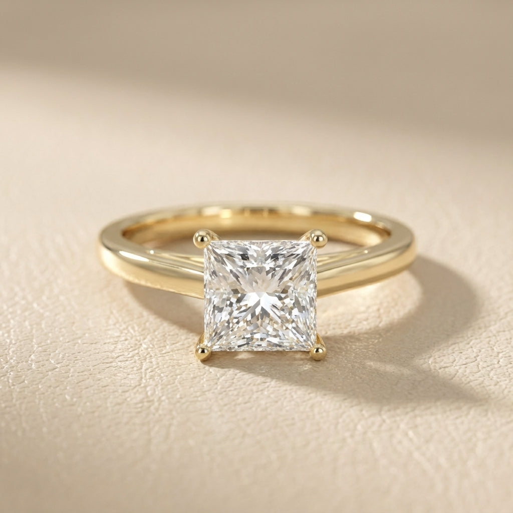 Princess Cut Lab Grown Diamond Solitaire Engagement Ring in traditional Yellow Gold.