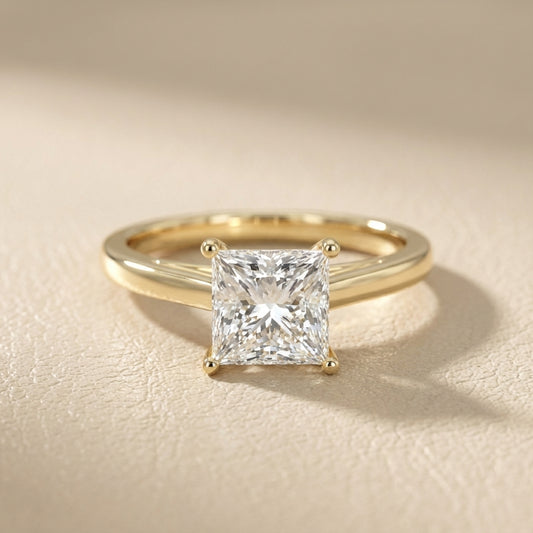 Princess Cut Lab Grown Diamond Solitaire Engagement Ring in traditional Yellow Gold.