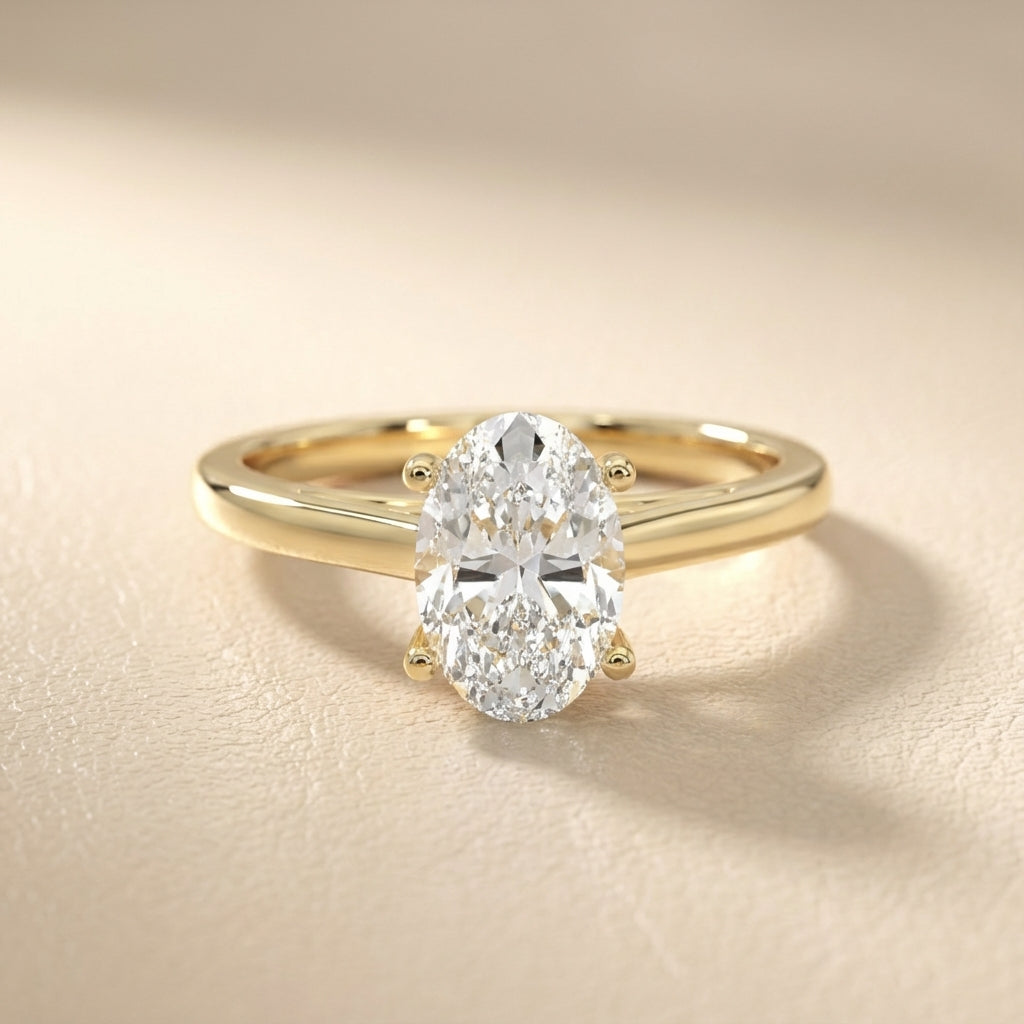 Oval Cut Lab Grown Diamond Solitaire Engagement Ring in Yellow Gold showing hidden side profile detail