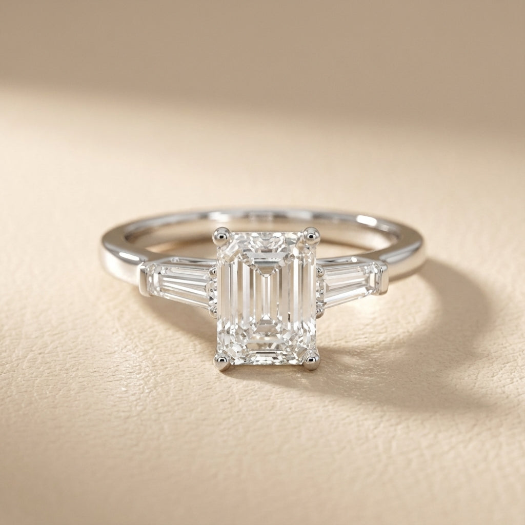 Emerald Cut Lab Grown Diamond Solitaire Engagement Ring in White Gold with hidden gallery detail