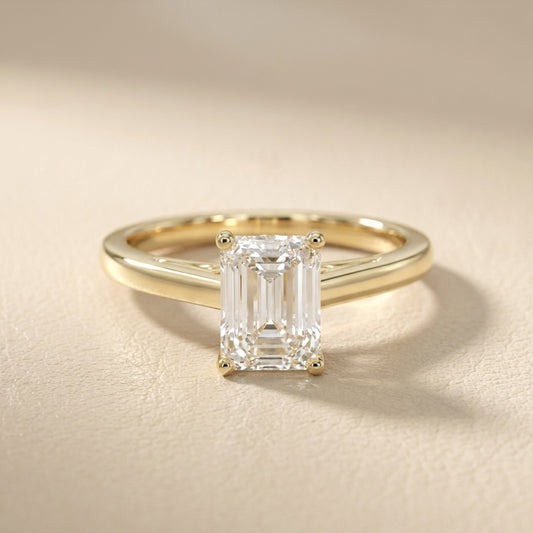 Emerald Cut Lab Grown Diamond Solitaire Engagement Ring in Yellow Gold showing secret under-gallery
