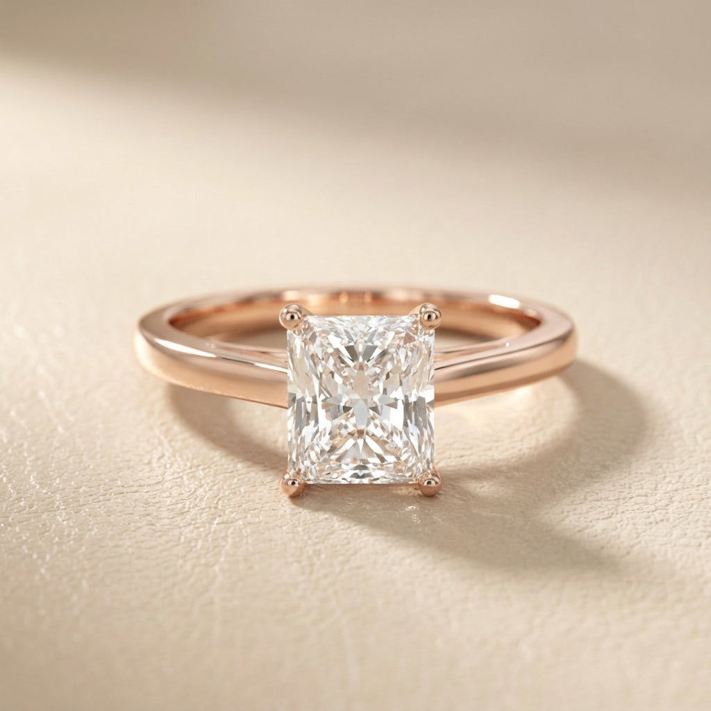 Radiant Cut Lab Grown Diamond Solitaire Engagement Ring in Rose Gold showing side profile