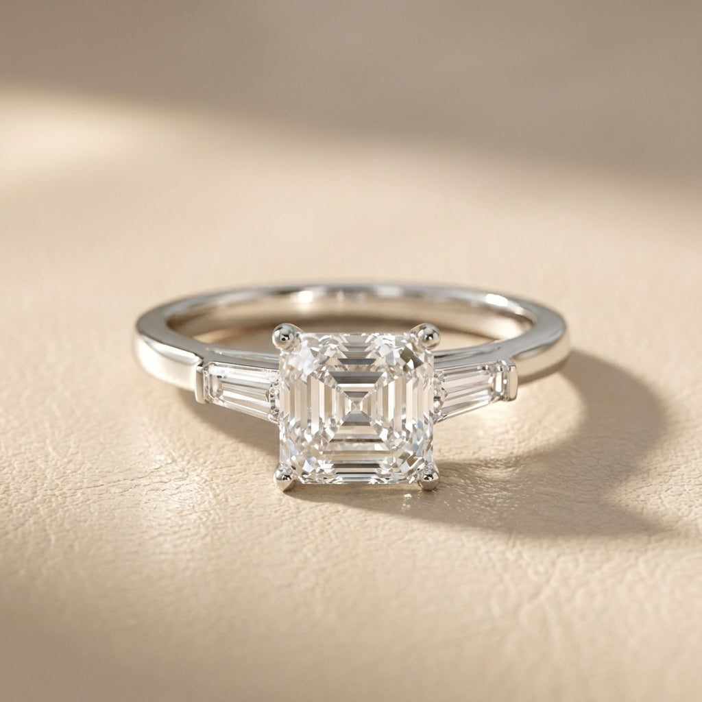 Platinum Asscher Cut Lab Grown Diamond Solitaire Engagement Ring with hidden scroll detail