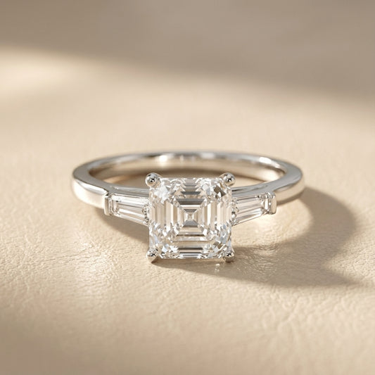 Platinum Asscher Cut Lab Grown Diamond Solitaire Engagement Ring with hidden scroll detail