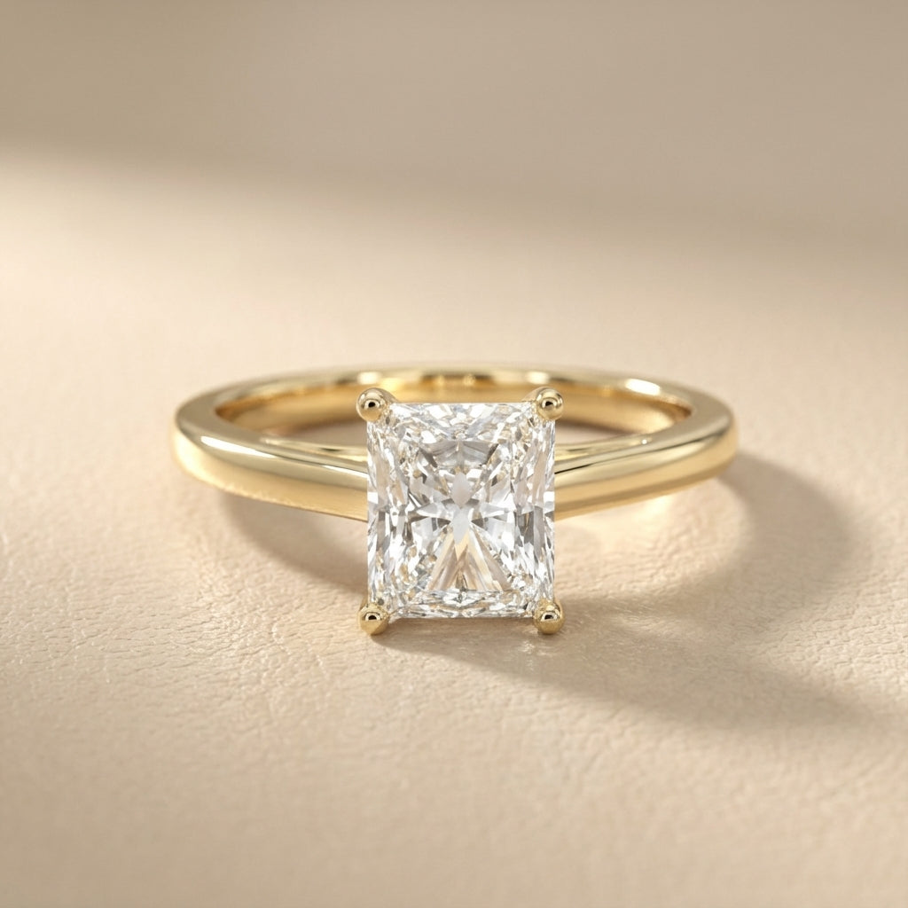 Radiant Cut Lab Grown Diamond Solitaire Engagement Ring in Yellow Gold showing hidden details