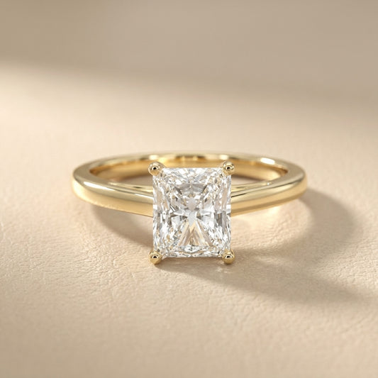 Radiant Cut Lab Grown Diamond Solitaire Engagement Ring in Yellow Gold showing hidden details