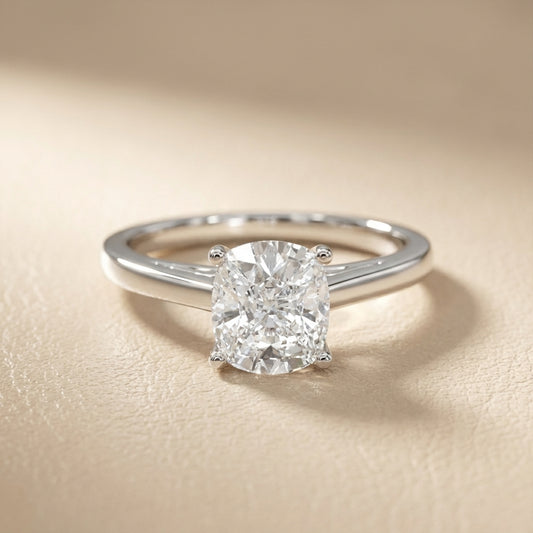 White Gold Cushion Cut Lab Grown Diamond Solitaire Engagement Ring side view showing hidden details.