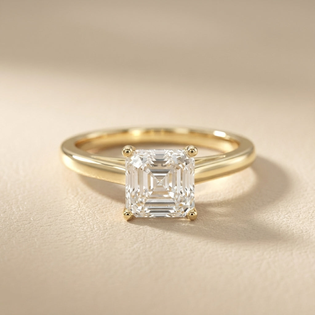 Asscher Cut Lab Grown Diamond Solitaire Engagement Ring set in Yellow Gold