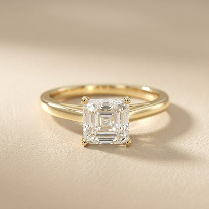 Asscher Cut Lab Grown Diamond Solitaire Engagement Ring set in Yellow Gold