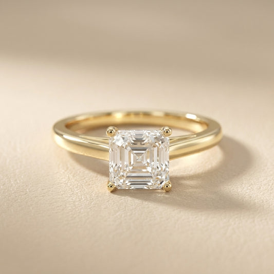 Asscher Cut Lab Grown Diamond Solitaire Engagement Ring set in Yellow Gold