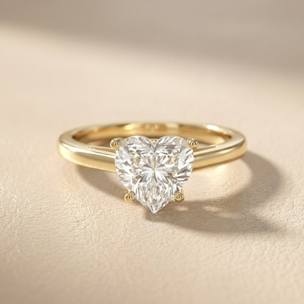 Heart Cut Lab Grown Diamond Solitaire Engagement Ring in Yellow Gold with Hidden Filigree