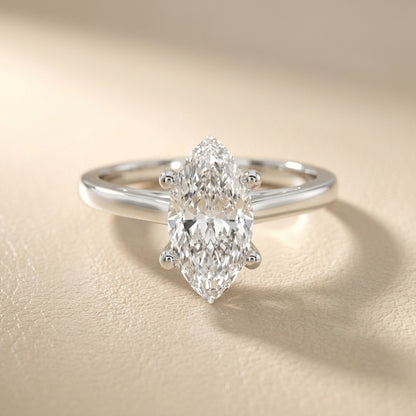 Platinum Marquise Cut Lab Grown Diamond Solitaire Engagement Ring angled view.