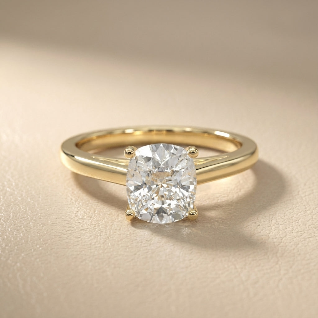 Yellow Gold Cushion Cut Lab Grown Diamond Solitaire Engagement Ring showing detailed gallery.