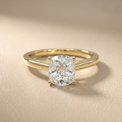 Yellow Gold Cushion Cut Lab Grown Diamond Solitaire Engagement Ring showing detailed gallery.