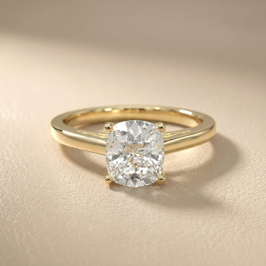 Yellow Gold Cushion Cut Lab Grown Diamond Solitaire Engagement Ring showing detailed gallery.
