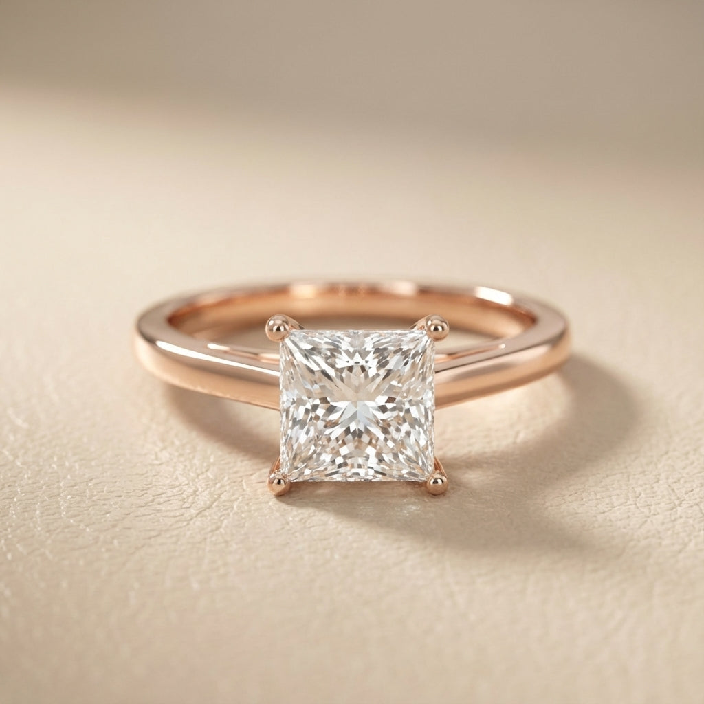 Princess Cut Lab Grown Diamond Solitaire Engagement Ring in Rose Gold showing side profile filigree.