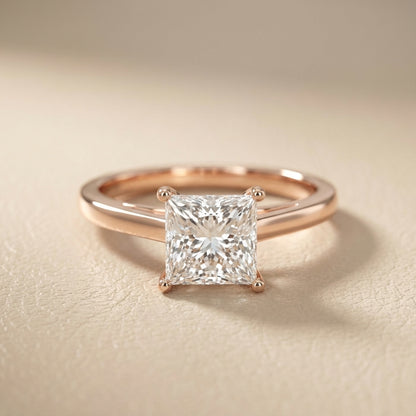 Princess Cut Lab Grown Diamond Solitaire Engagement Ring in Rose Gold showing side profile filigree.