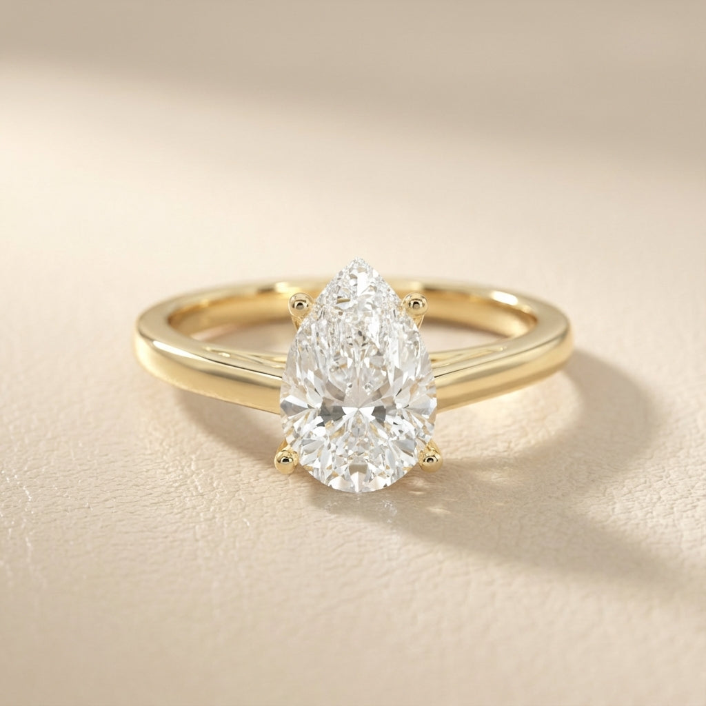 Pear Cut Lab Grown Diamond Solitaire Engagement Ring in Yellow Gold