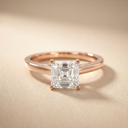 Rose Gold Asscher Cut Lab Grown Diamond Solitaire Engagement Ring showing side profile
