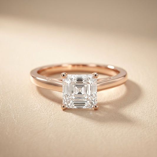 Rose Gold Asscher Cut Lab Grown Diamond Solitaire Engagement Ring showing side profile