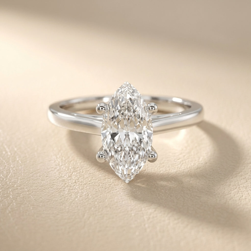 White Gold Marquise Cut Lab Grown Diamond Solitaire Engagement Ring side profile view.