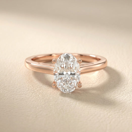Oval Cut Lab Grown Diamond Solitaire Engagement Ring in Rose Gold showing hidden side profile detail