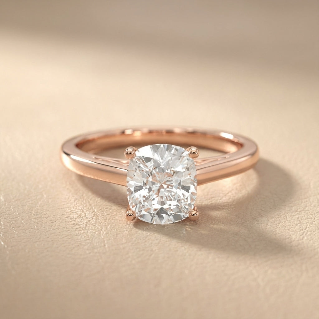Rose Gold Cushion Cut Lab Grown Diamond Solitaire Engagement Ring with intricate side profile.
