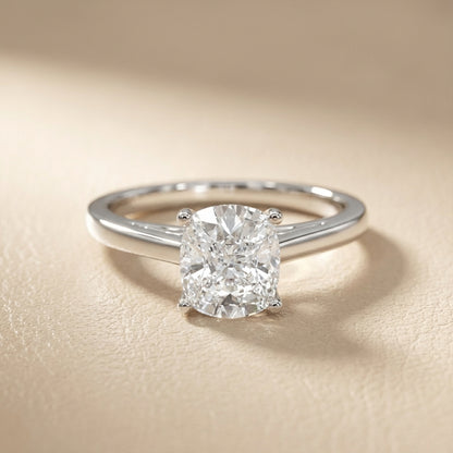 Cushion Cut Lab Grown Diamond Solitaire Engagement Ring in Silver showing hidden gallery detail.