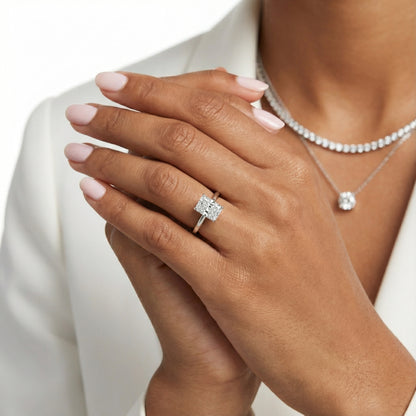 Radiant Cut Lab Grown Diamond Solitaire Engagement Ring in Platinum showing hidden gallery