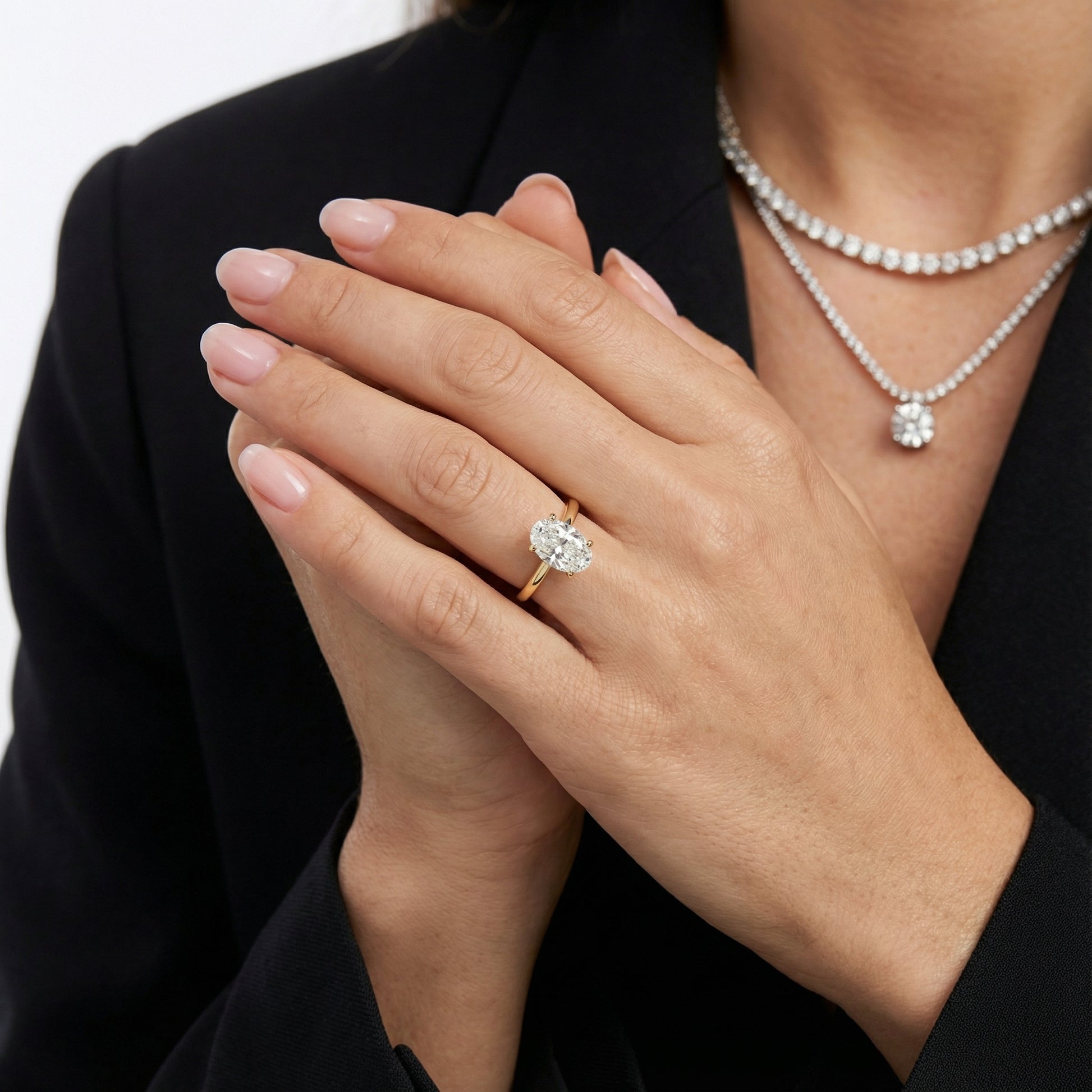 Oval Cut Lab Grown Diamond Solitaire Engagement Ring in Yellow Gold showing hidden side profile detail