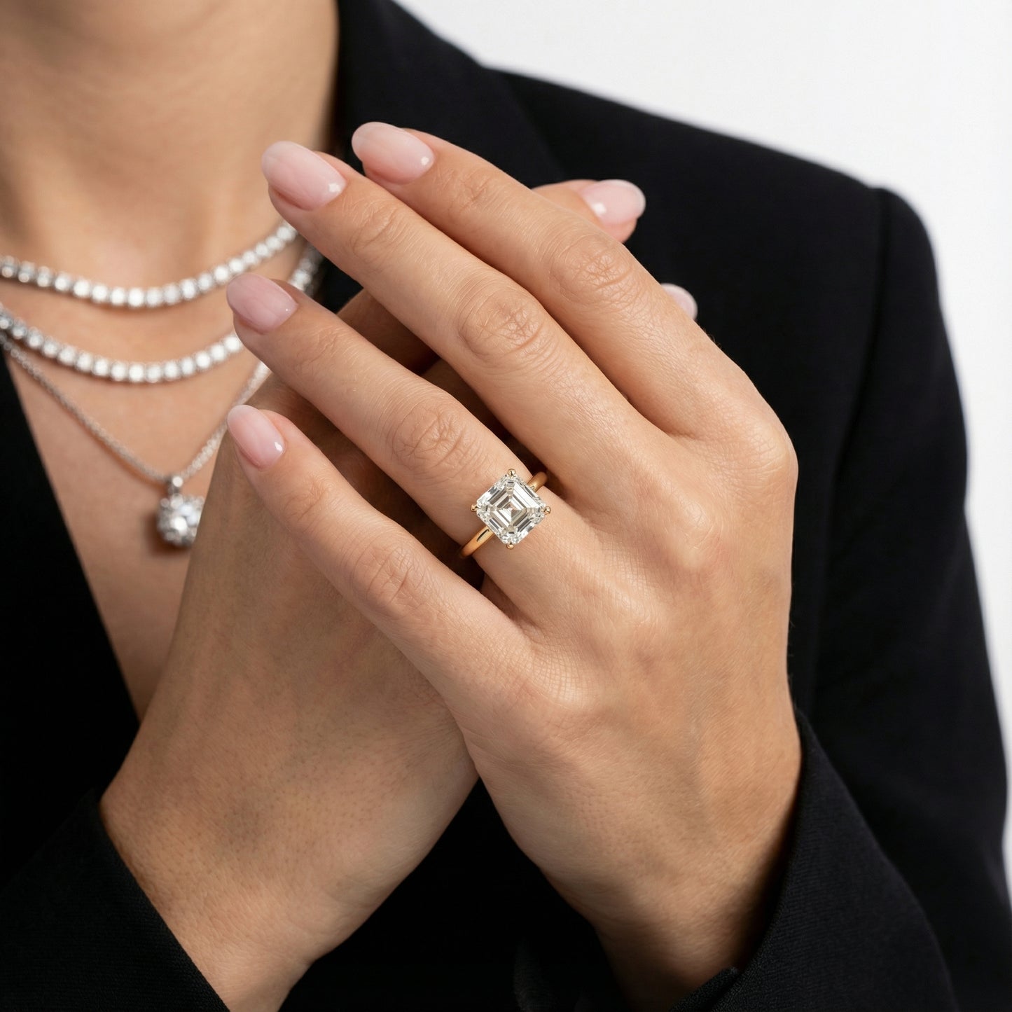 Asscher Cut Lab Grown Diamond Solitaire Engagement Ring set in Yellow Gold