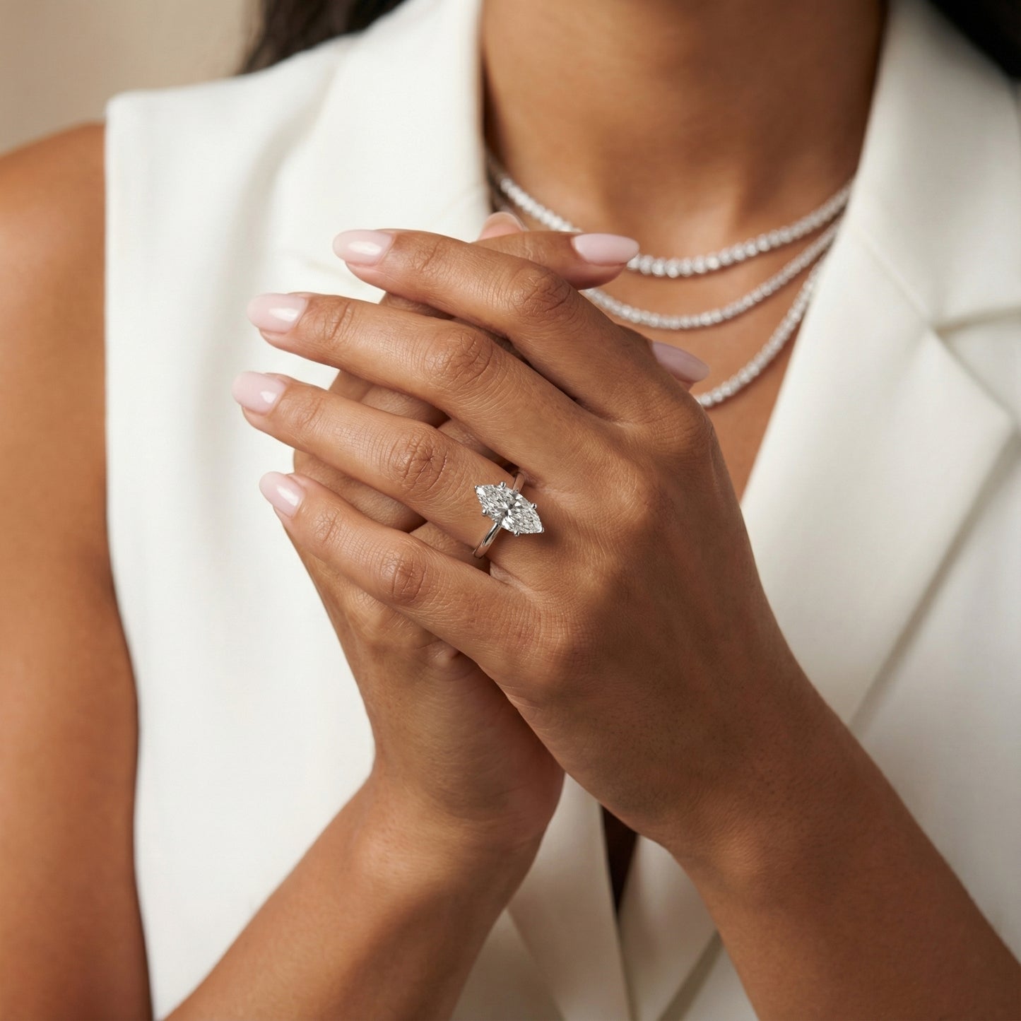 Marquise Cut Lab Grown Diamond Solitaire Engagement Ring in Silver showing hidden gallery detail.