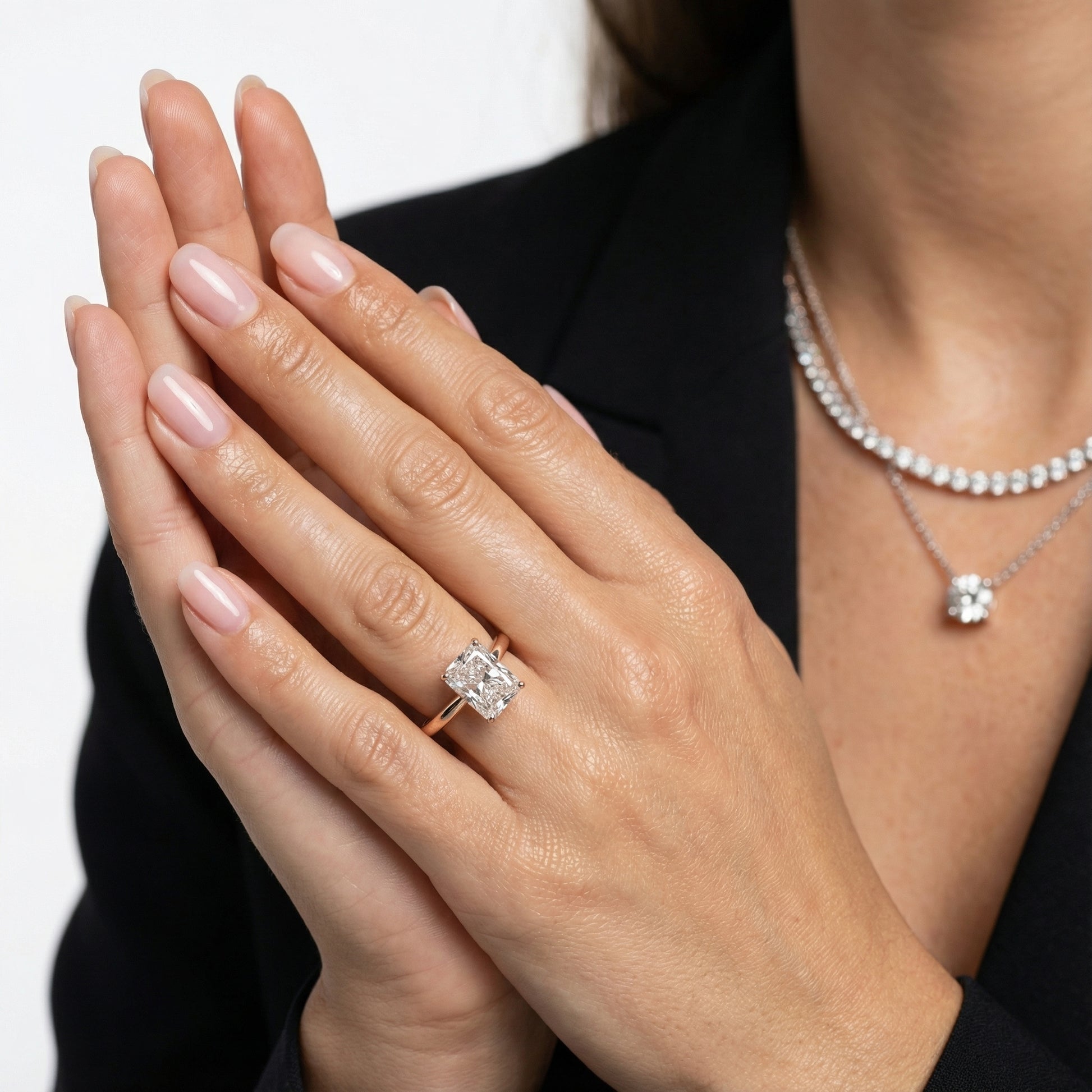 Radiant Cut Lab Grown Diamond Solitaire Engagement Ring in Rose Gold showing side profile